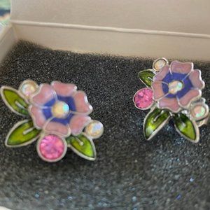AVON Rhinestone & Crystals accent FLOWER pierced EARRINGS * PINK & GREEN Enamel